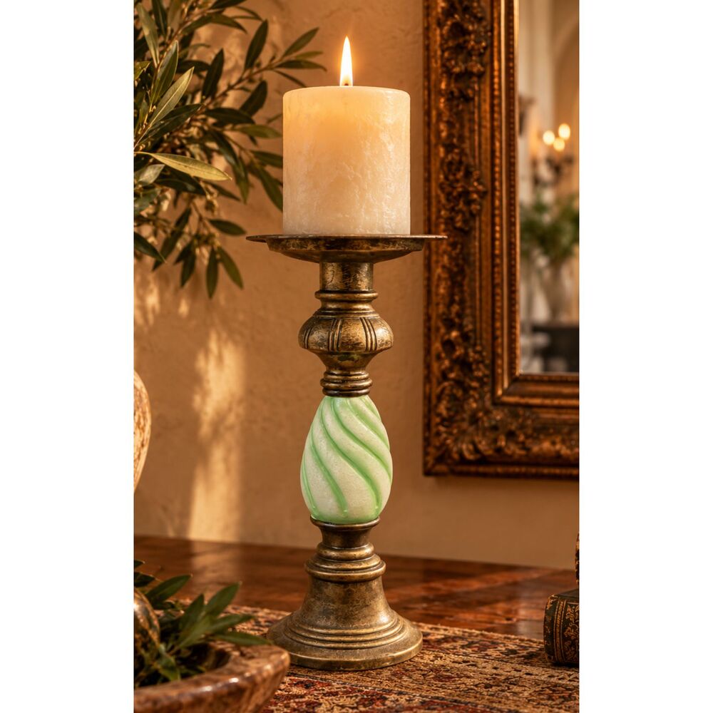 Brass Tone Green Swirl Glass Candlestick Holder Pillar Candle Pedestal